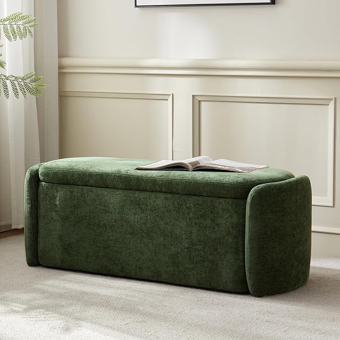VKNOW Oval Storage Ottoman Bench, 46" Upholstered End of Bed Bench Ottomans Bench Foot Rest, Sherpa Storage Bench for Bedroom, Living Room and Hallway, Green