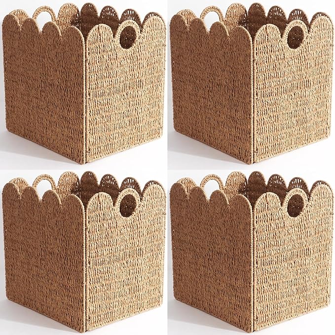 Scalloped Wicker Storage Cubes Basket, 12”x12“ Heavy Duty Paper rope/Hyacinth/Seagrass Baskets for Shelves, Foldable Natural Boho Square Bins (Paper Rope, 12 x 12 x 12in, 4-Pack)