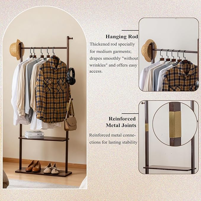 Clothes Rack Solid Wood Coat Rack with Shelves and Hooks – Garment Clothing Rack Coat Rack with Storage for Hallway, Bedroom, Living Room, 23.6 inch, Walnut