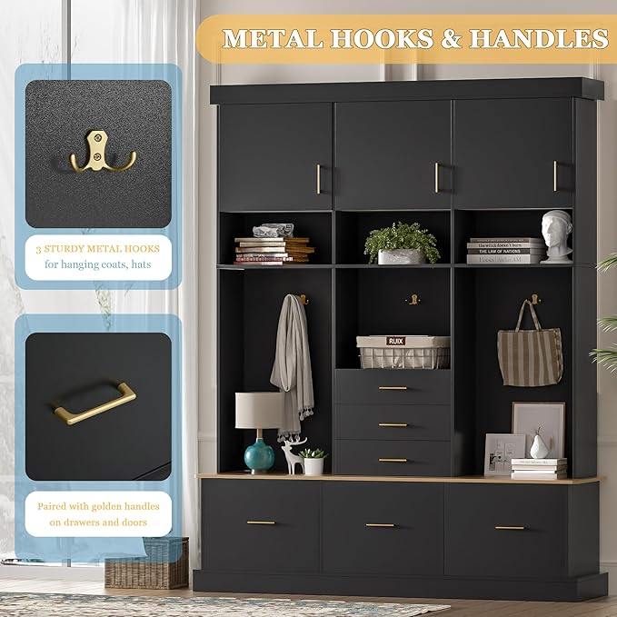 Modern 58'' Wide Hall Tree with Bench and Storage, 5-in-1 Wood Hall Tree with Coat Rack, 6 Drawers, 3 Cabinets and 3-Tier Top Storage for Hallway, Entryway, Living Room, Mudroom (Black-10.15)