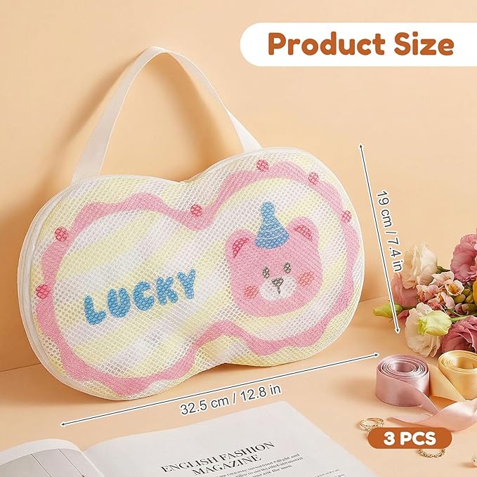 3 Pack Bra Washing Bags for Laundry, Silicone Bra Bags for Laundry With Zipper, Bear Pattern, Lingerie Bag, Anti Deformation Washing Bag(Fits A-C Cups)
