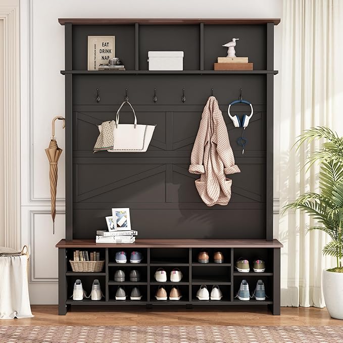 Merax Wood Rustic Hall Tree Entryway Bench with 6 Hooks and Adjustable Shelves, Farmhouse Mudroom Versatile Coat Racks with 16 Open Compartments, Entrance Organizer for Hallway Black
