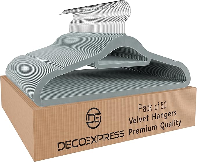 Deco Express Velvet Hangers, Space Saving Non Slip Coat Hangers for Clothes Multipack (Grey, 50 Pack)