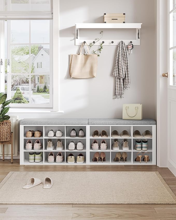 Shoe Storage Bench with Cushion, Entryway Storage Bench with 18 Cubbies, 9.5" Widened Organizer Cabinet, Long Cubby Rack for Living Room, Bedroom, Entryway, White SB25703GY