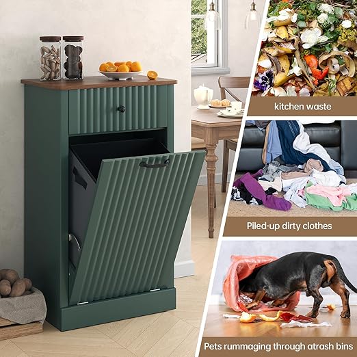 Fluted Tilt Out Laundry Hamper Cabinet, 10 Gallon Hidden Trash Can Cabinet, Wooden 2 in 1 Tilt Out Garbage Can for Kitchen, Bathroom (Green, Single)