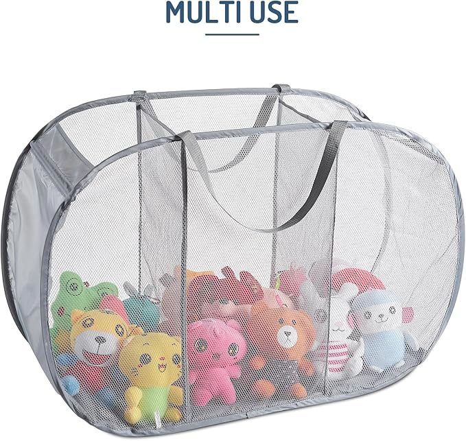 Seiritex Mesh Popup Laundry Hamper 3 Compartment Sortable Horizontal Collapsible Laundry Basket for Clothes Laundry Room Bedroom Toys Travel (Gray)