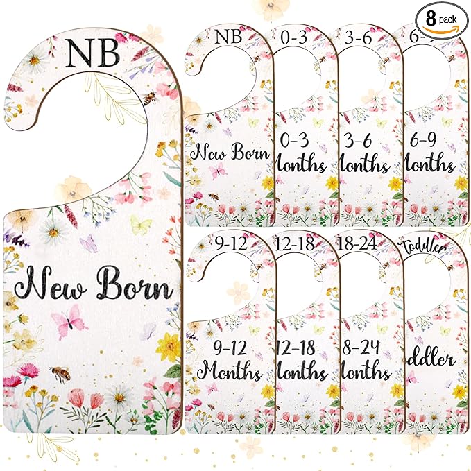 Baby Closet Dividers 8PCS, Wildflower/Floral Theme Wooden Double-Sided Clothes Size Hanger Organizer from Newborn to Toddler for Nursery Decor Baby Shower Birthday Gift