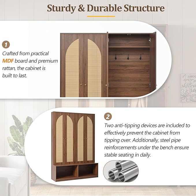 Bohemian Farmhouse Widen Hall Tree with 4 Rattan Doors, Versatile 4-in-1 Hall Tree, Mid-Century Entryway Shoe Cabinet with Adjustable Shelf and 6 Hooks, Seating Bench for Living Room