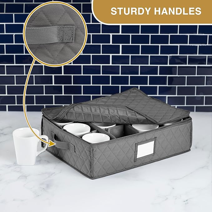 2 Pack - China Cup Storage Chests Hold 24 Coffee Cups or Mugs – Stackable Glassware Organizer with Customizable Dividers and Inner Case for Extra Protection – Gray