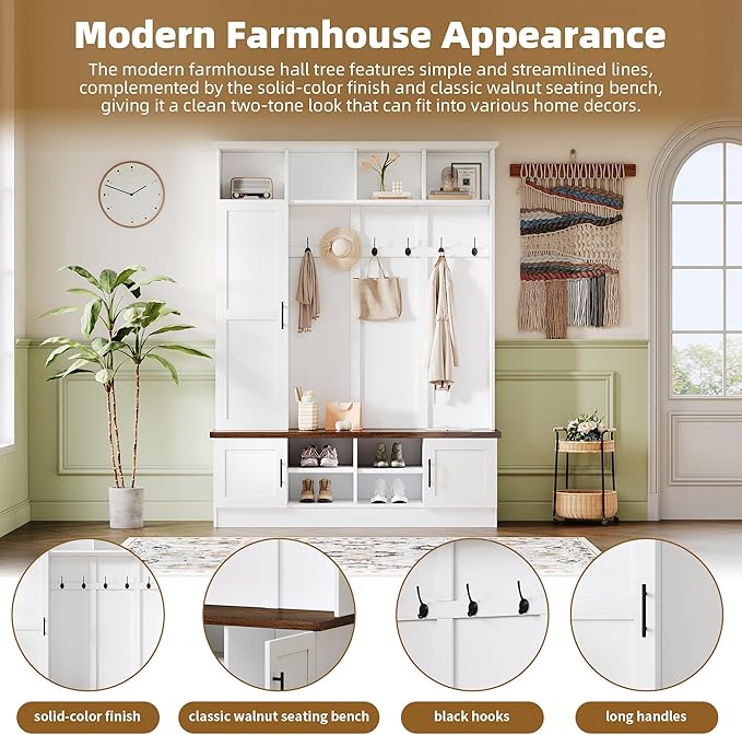 Versatile 3-in-1 Hall Tree, 55" W Modern Entryway Coat Rack with Multiple Storage Space, 6 Hooks, Farmhouse Walnut Storage Bench with Adjustable Shelves for Mudroom, Living Room
