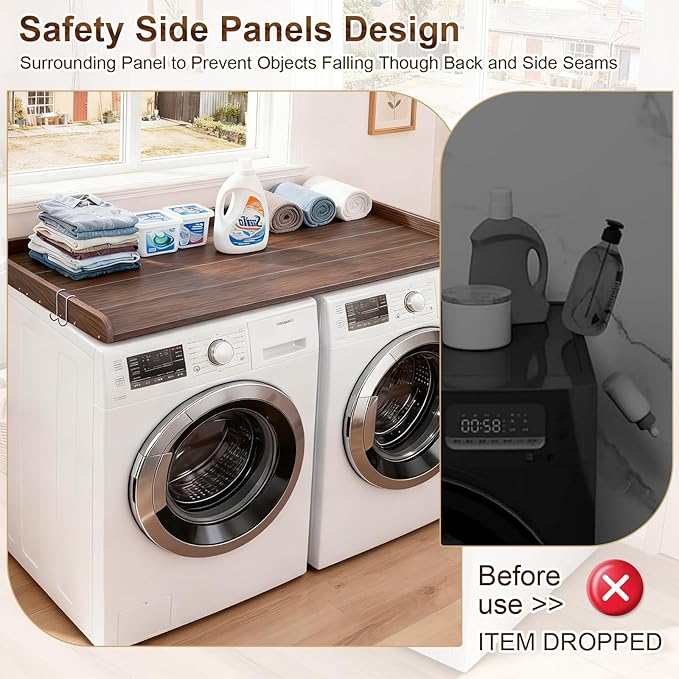 Chortmok Washer Dryer Countertop, HDPE Laundry Countertop with Edge Rails, No-Installation-Brown