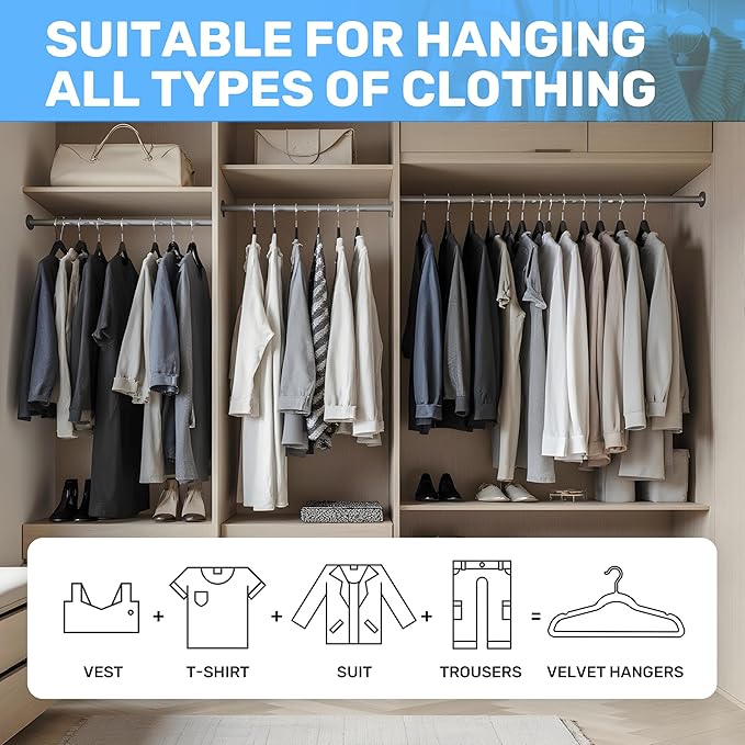 Simple Deluxe 30 Pack Velvet Hangers, Non-Slip Felt Hangers with Shoulder Notches, Space Saving Heavy Duty Clothes Hangers for Coat, Pants, Suit, Sweater, Black
