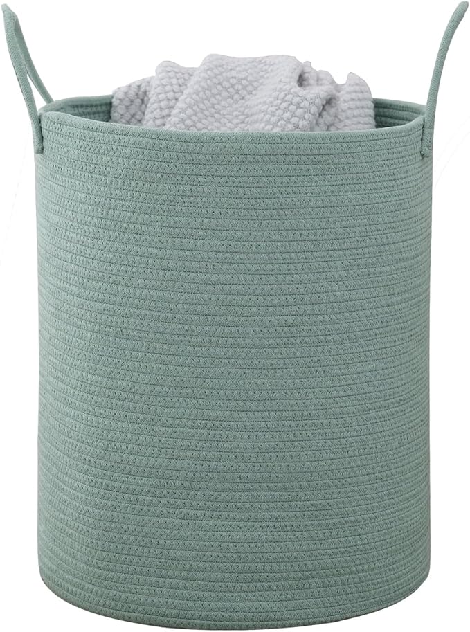 Woven Basket Nursery Laundry Hamper with Handles, Clothes Storage Organizer, Woven Basket for Boy Room Decor, Toy & Blanket Storage Bin, 15x15x18 Inch,Green,1pc