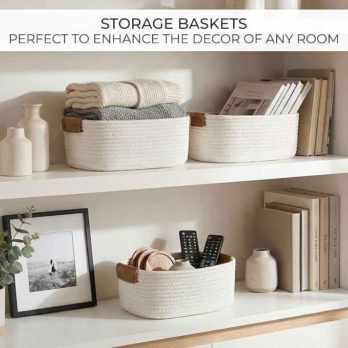 Beautiful Storage Basket Set of 3 - Sturdy Cotton Rope Baskets for Shelves Are Perfect for Organizing Your Home - Quality Storage Bins Easily Fit With Any Nursery or Bedroom Decor