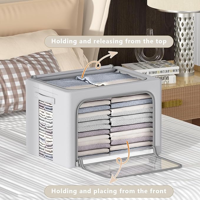 CYhom 3Pack Frame Storage Box - Clothes Storage Bin Bags Oxford Fabric Foldable Stackable Container Organizer Set with Clear Window & Carry Handles Large Capacity (Grey, Small-22L)