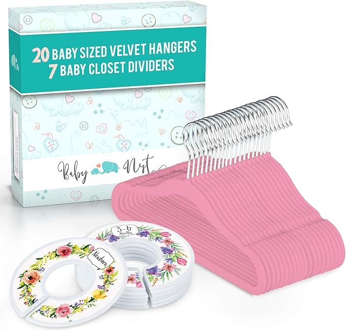 Baby Nest Designs 20 Baby Hangers with 7 Closet Dividers for Nursery Velvet Clothes Hangers Unisex Newborn Essentials Baby Size Organizer for Infant Clothing to 24 Months