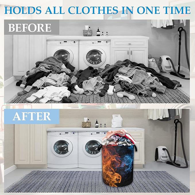 Red Blue Fire Laundry Basket Collapsible Laundry Hamper, Oxford Cloth Storage Bin for Room/Bathroom/Bedroom/Dormitories 16" X 20.8"