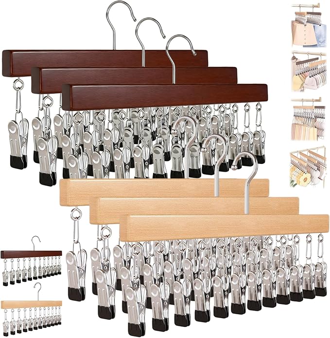 2026 New Closet Organizer with 10 Clips - Space Saving Hanging Closet Organizer, 12 Clips, Closet Organizers and Storage, 360° Rotating, for Jeans, Hats, Shorts, Socks (（Brown+Nature）*6)