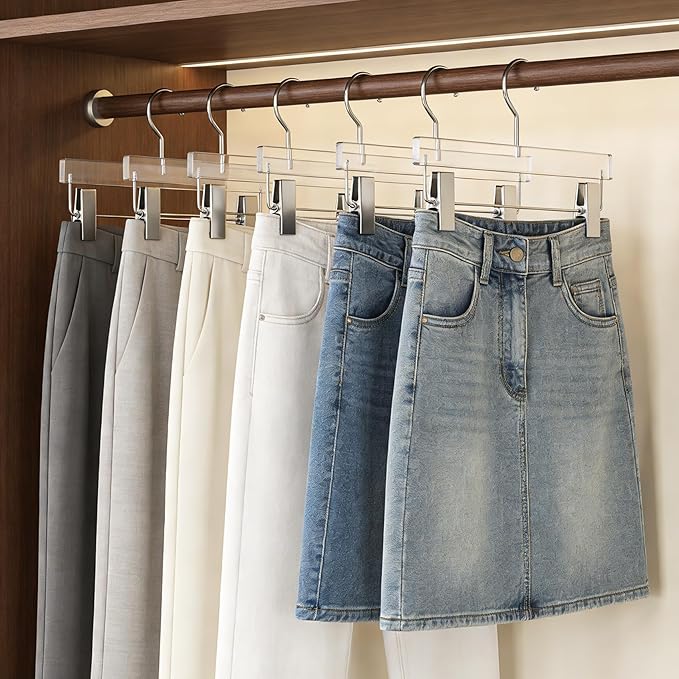 Besser Acrylic Pants Hanger 10 Pcs,Clear Acrylic Hangers with Bright Silver Clips，Lxurious Skirt Pants Hangers Clips for Clothing Closet Storage