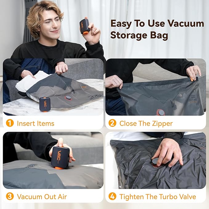 Rechargeable Wireless Pump Travel Storage Bags Set - 15 Pack Portable Space Saver Bags for Travel & Home - Vacuum Compression Packing Seal for Clothes, Blankets, Seasonal Storage