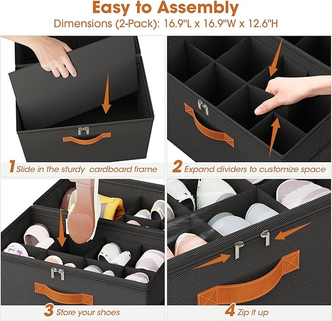 4 Pack Shoe Organizer for Closet,Foldable Shoe Storage Organizer with Adjustable Dividers, Shoe Storage Box with Clear Cover, Fits up to 16 Pairs, Black