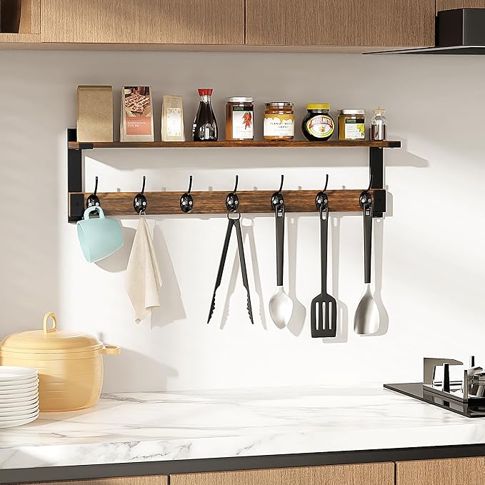 Wall Hooks with Shelf, 28.7 Inch Coat Rack Wall Mount with Hook for Coat Backpack Key Clothes Hanger, Wall Floating Shelf Hanging in Entryway, Living Room, Bathroom, Bedroom, Kitchen