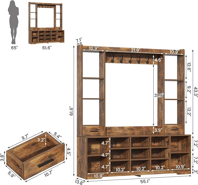 Semoic 61.6” Farmhouse Hall Tree with 2 Independent Drawers,6-in-1 Entryway Bench with Coat Rack Adjustable Shoe Storage for Foyer/Hallway,Retro