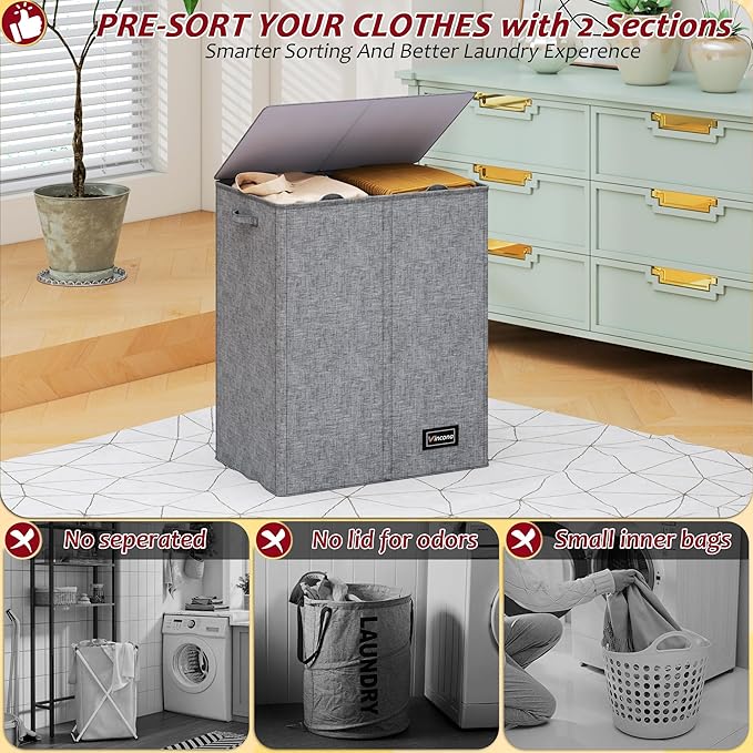 150L Laundry Hamper 2 Section, Large Laundry Hamper with Lid, Dirty Clothes Hamper with 2 Removable Inner Bags, Collapsible Laundry Basket Organizer for for Clothes Toys Towels, Hamper 2 Compartment