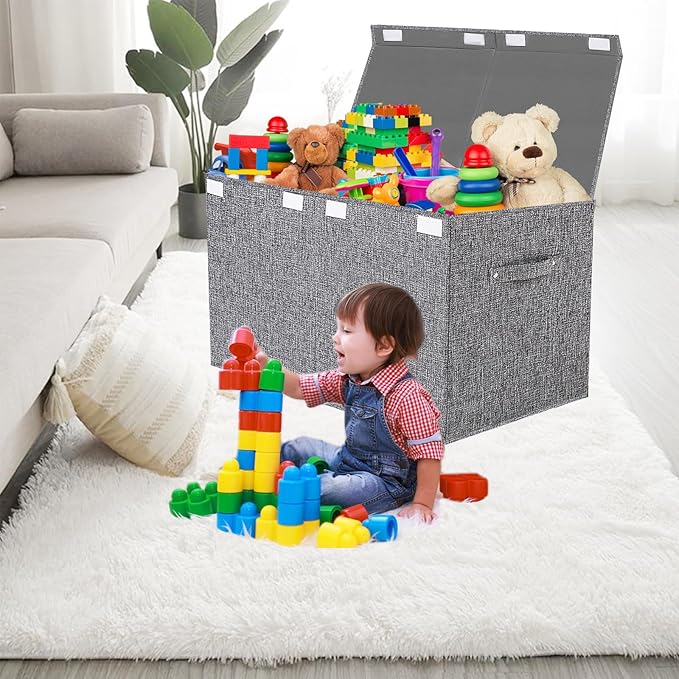 VERONLY Collapsible Toy Storage Bin with Lid, 82L Large Capacity - Gray Neutral Space-Saving Organizer for Playroom, Bedroom & Nursery, Foldable Design