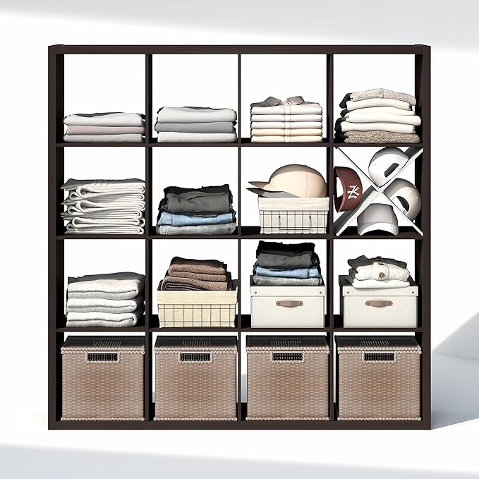 Furinno Cubic Closet Organizers and Storage, 16-Cube Closet Organizer, Open Shelf Closet Storage, Extra Thick Frame for Wardrobe, Bedroom, Living Room, Dark Oak