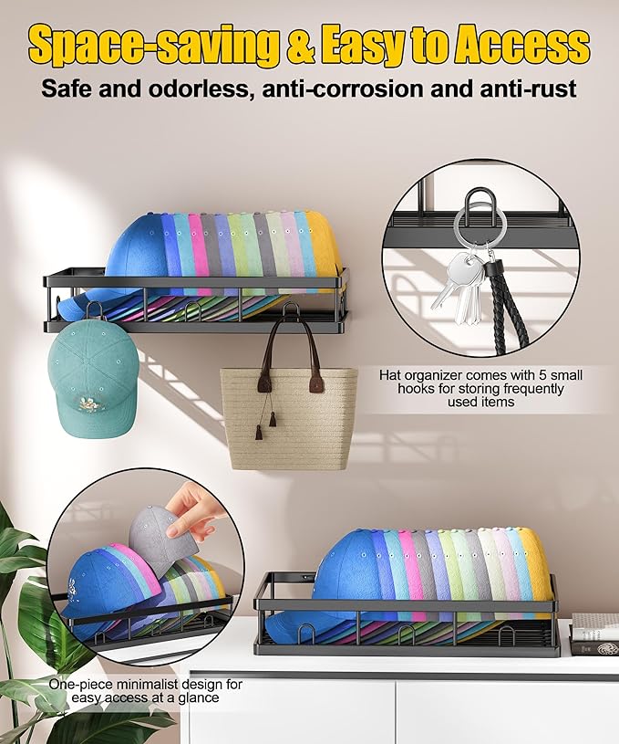 2 Packs Metal Hat Rack for Wall, Holder with Multiple Hooks, Organizer for up to 40 Baseball Caps, Sturdy Wall Drilled Rack, Storage for Door/Closet, Black