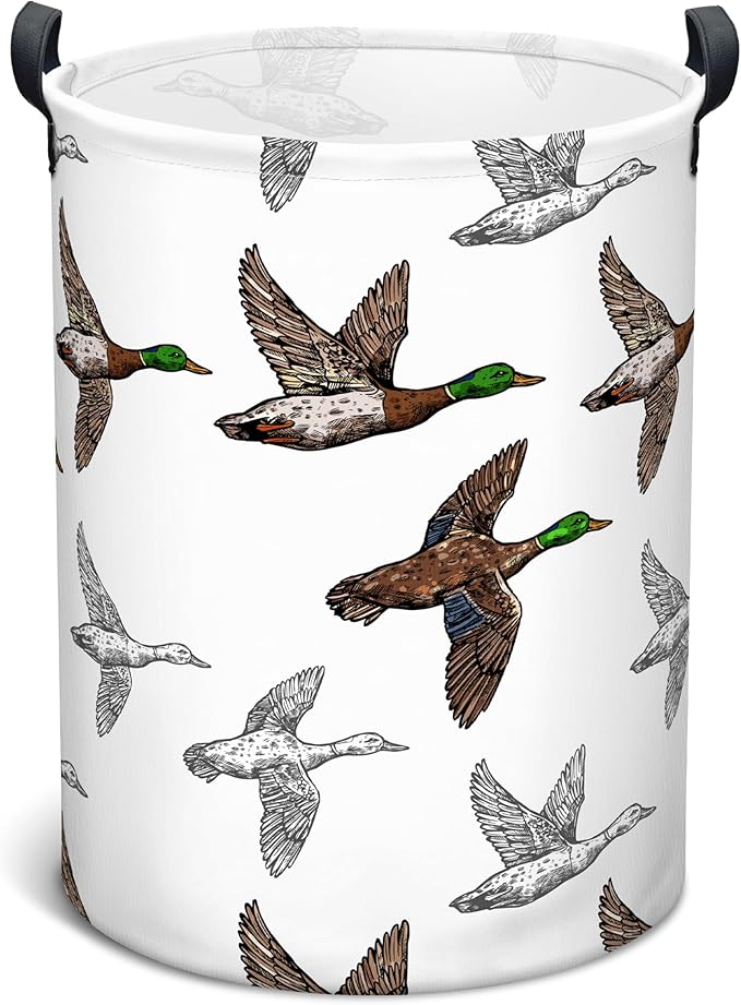 Mallard Duck Laundry Basket, Collapsible Waterproof Oxford Cloth Laundry Hamper, Funny Round Kids Toys Storage Basket as Room Decor, Cute Duck Dirty Clothes Hamper for Bedroom Bathroom (Brown)