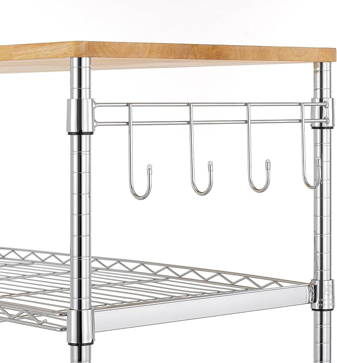 Finnhomy 3-Tier Rolling Kitchen Cart with 18" D x 36" W Oak Wood Tabletop, Kitchen Island Cart with 4" Wheels and Slider Shelf, Microwave Cart & Coffee Cart with Hooks for Dining Room, Chrome