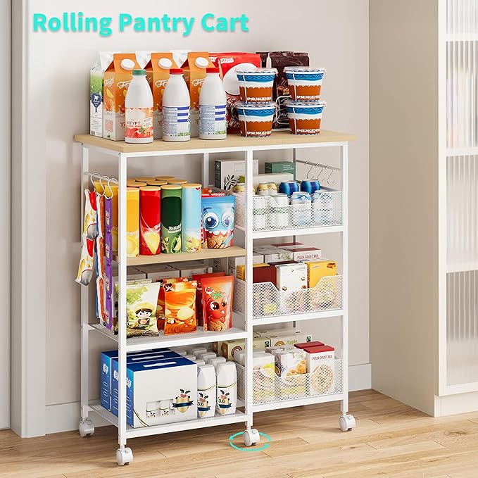 HapiRm Rolling Kitchen Carts with Storage - Microwave Table Stand with 6 Hooks & 3 Baskets, kitchen Island Cart on Lockable Wheels, 28.3" L × 14.6" W Bakers Rack Cart for Dining Room Coffee Bar Office