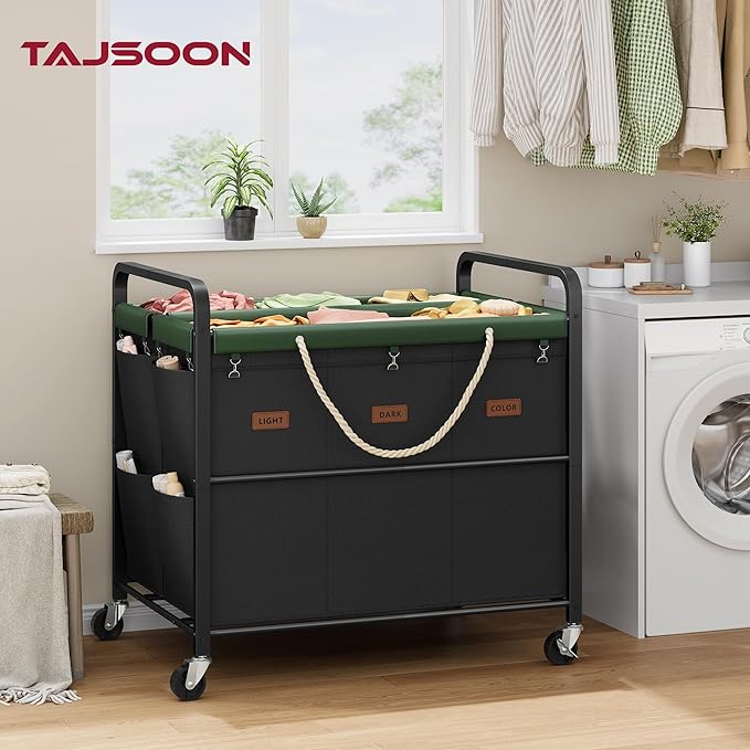 Tajsoon 295L Extra Large Laundry Sorter 6 Section, Heavy Duty Laundry Basket with Lockable Wheels, Laundry Cart with Sturdy Metal Frame, Leather Patchwork Laundry Separated with Removable Bags, Black