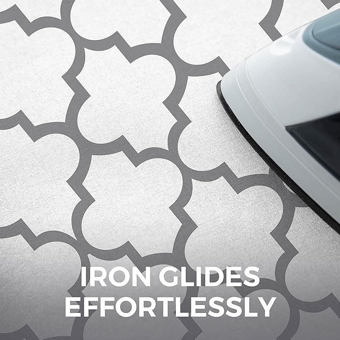 HOME GENIE Ironing Board Cover, Extra Thick Padding, Scorch Resistant Silicone Coating, 15x54 Elastic Edge Heavy Duty Iron Pad Covers Standard Boards, Hook and Loop Fastener Strap, Quatrefoil Gray