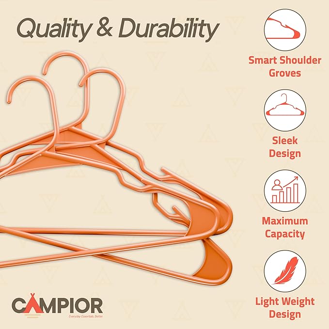 Plastic Clothes Hangers – Heavy Duty Hanger Set, for Organizing Clothes, Dresses, and Coat, Holds Up to 5 lbs, Space-Saving Hangers with Non-Slip Shoulder Grooves, Pack of 120, Orange