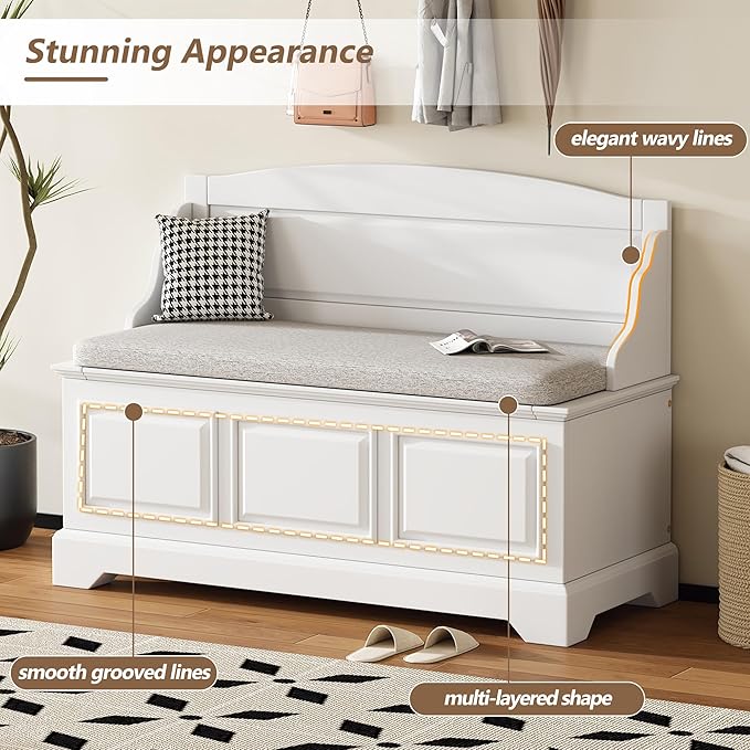 Retro Storage Bench Entryway Bench Shoe Cabinet with Safe Soft-Close Devices, Removable Seat Cushion, Backrest & Hidden Storage Space for Hallway Entryway Living Room Mudroom (White(New))