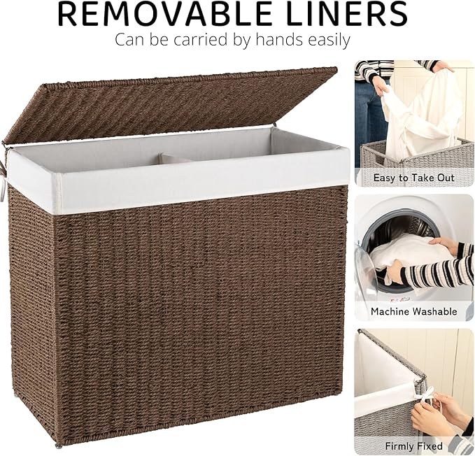 OIAHOMY Large Laundry Hamper with Lid, 35.7 Gal (140L) Wicker Hamper with Removable Liner Bag, Handwoven Clothes Basket with Handles, Foldable Paper Rope Basket for Laundry Room, Bedroom-Brown