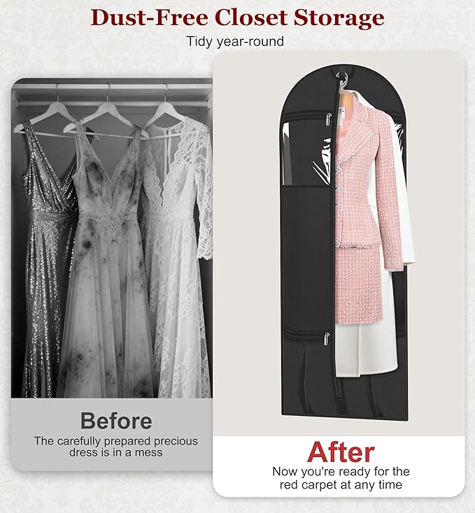 MISSLO 60" Dress Bags for Gowns Long with 4 Large Pockets Garment Bags for Travel for Women Heavy Duty Wedding Dress Bag for Hanging Clothes Garment Covers, Black