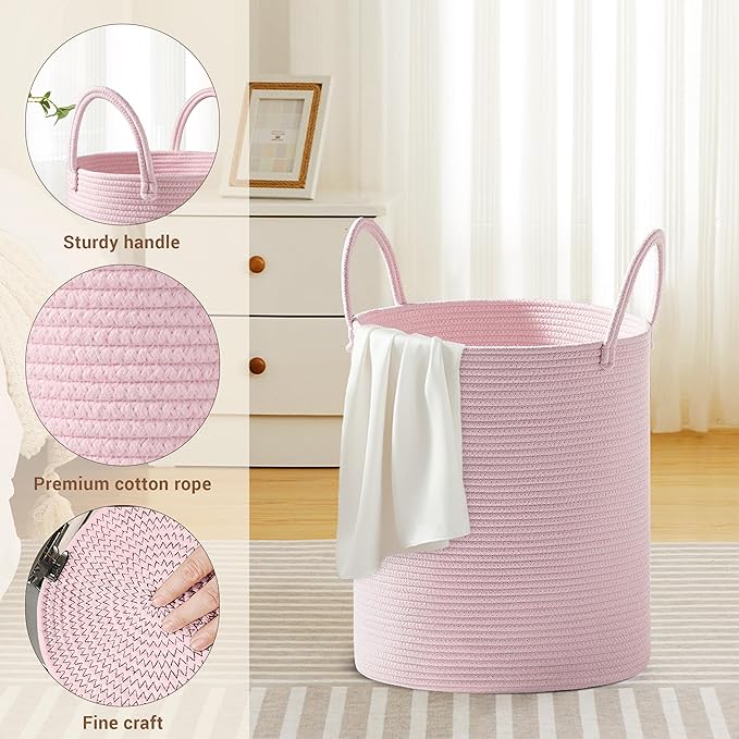 Girls' Tall Laundry Basket with Handles, 53L Portable Dirty Clothes Hamper, Boho Cotton Rope Storage Bin for Blankets Kids Toys Gifts, Decorative Organizer for Nursery Bedroom Bathroom, Pink