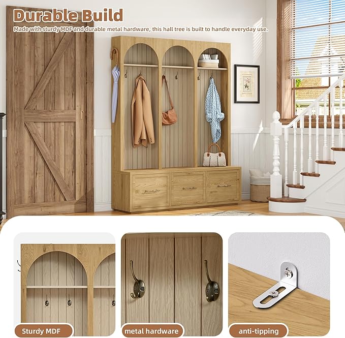 Merax Farmhouse Wood Hall Tree with Shoe Bench and 3 Drawers, 4-in-1 Coat Rack with 8 Hooks for Entrance, Hallway, Mudroom Natural