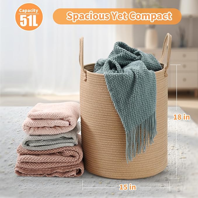 2-Pack Extra Large Cotton Rope Hamper Baskets – 15"x18" Oversized Woven Storage Bins for Blankets, Toys, Dirty Clothes – Pink & Beige Decorative Hamper for Nursery, Living Room, Laundry Room