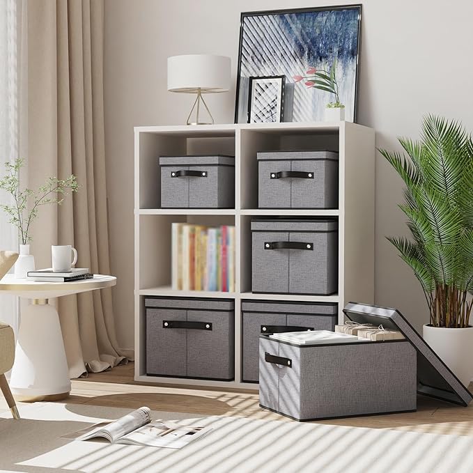 Storage Bins with Lids and Handles, Storage Boxes for Organizing Shelves, Decorative Linen Closet Organizers, Gray, 16.5 x 11.8 x 10.2 Inch, 5-Pack