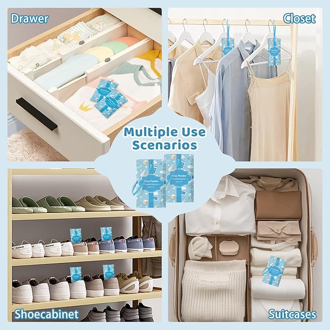 SCENTORINI Scented Sachets for Drawers and Closets, Baby Powder Scent 14 Pack, Long-Lasting Sachets Bags Wardrobe Freshener for Drawers, Closets, Handbags, Suitcases