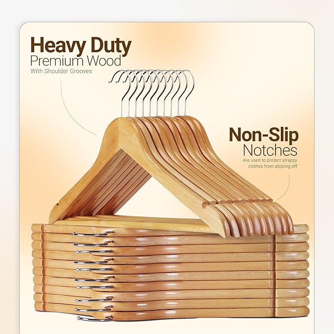 Utopia Home Premium Wooden Hangers 20 Pack - Heavy Duty & Durable Coat Hanger - Wood Hanger with 360-Degree Rotatable Hook - Clothes Hangers with Non-Slip Shoulder Notches For Shirts & Coats (Natural)