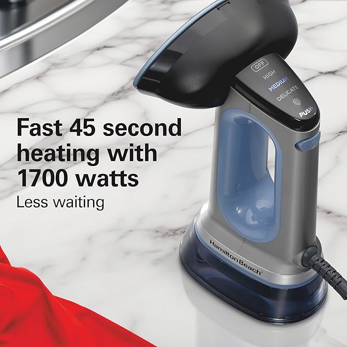 Hamilton Beach Durathon 3-in-1 Handheld Garment Steamer for Clothes & Steam Iron, 45 Second Heat-Up with 1700 Watts, 300ml Removable Water Tank, 27 Minutes of Steam, Auto Shutoff, Gray & Blue (11559)