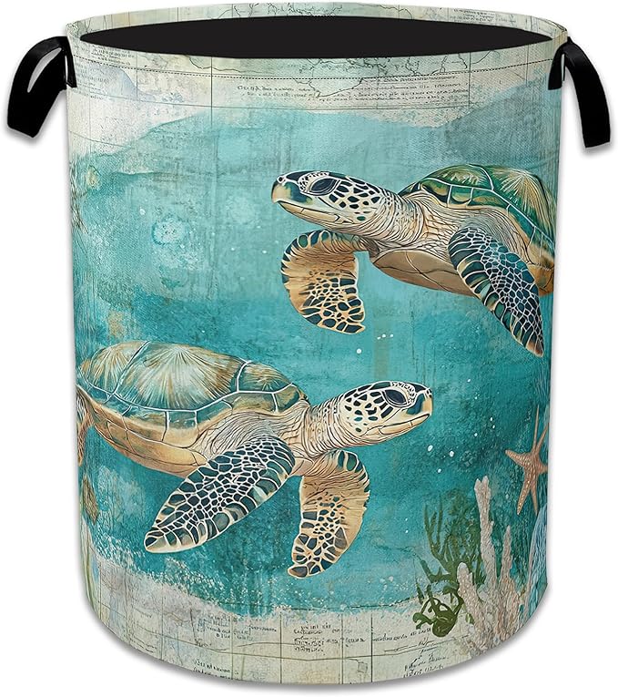 Sea Turtle Laundry Basket Collapsible Laundry Hamper Clothes Toy Storage Bin for Bathroom Bedroom Room Decor 16" X 20.8"