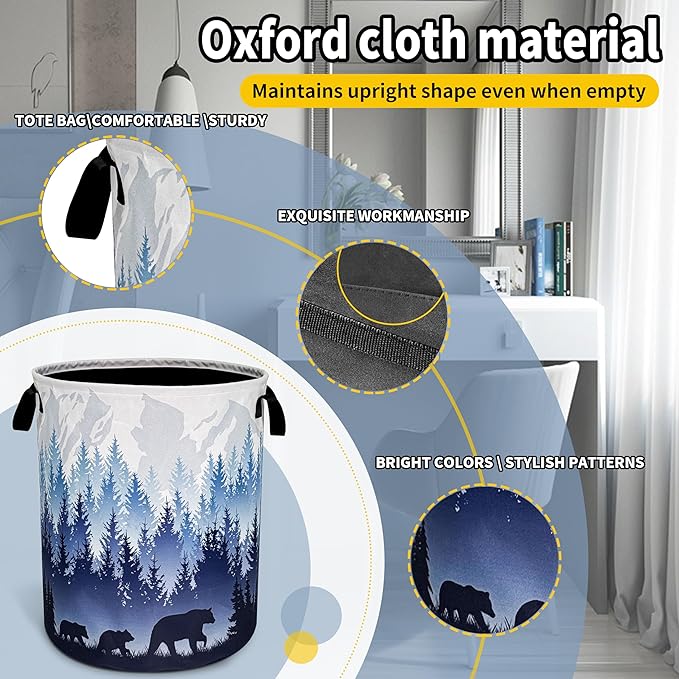 Mama Bear Laundry Basket Forest Mountains Foldable Oxford Cloth Funny Tote Bag Laundry Hamper Clothes Storage Bucket Toy Organizer For Bathroom/Laundry Storage/Bedroom 18.9x16.5 Inch