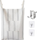 AELS Farmhouse Hanging Laundry Hamper with 2 Hooks, Boho Beige & Black Stripes Laundry Bag with Zipper & Wide Open Top, Over the Door Organizer for Dirty Clothes, Washable Space Saving Storage